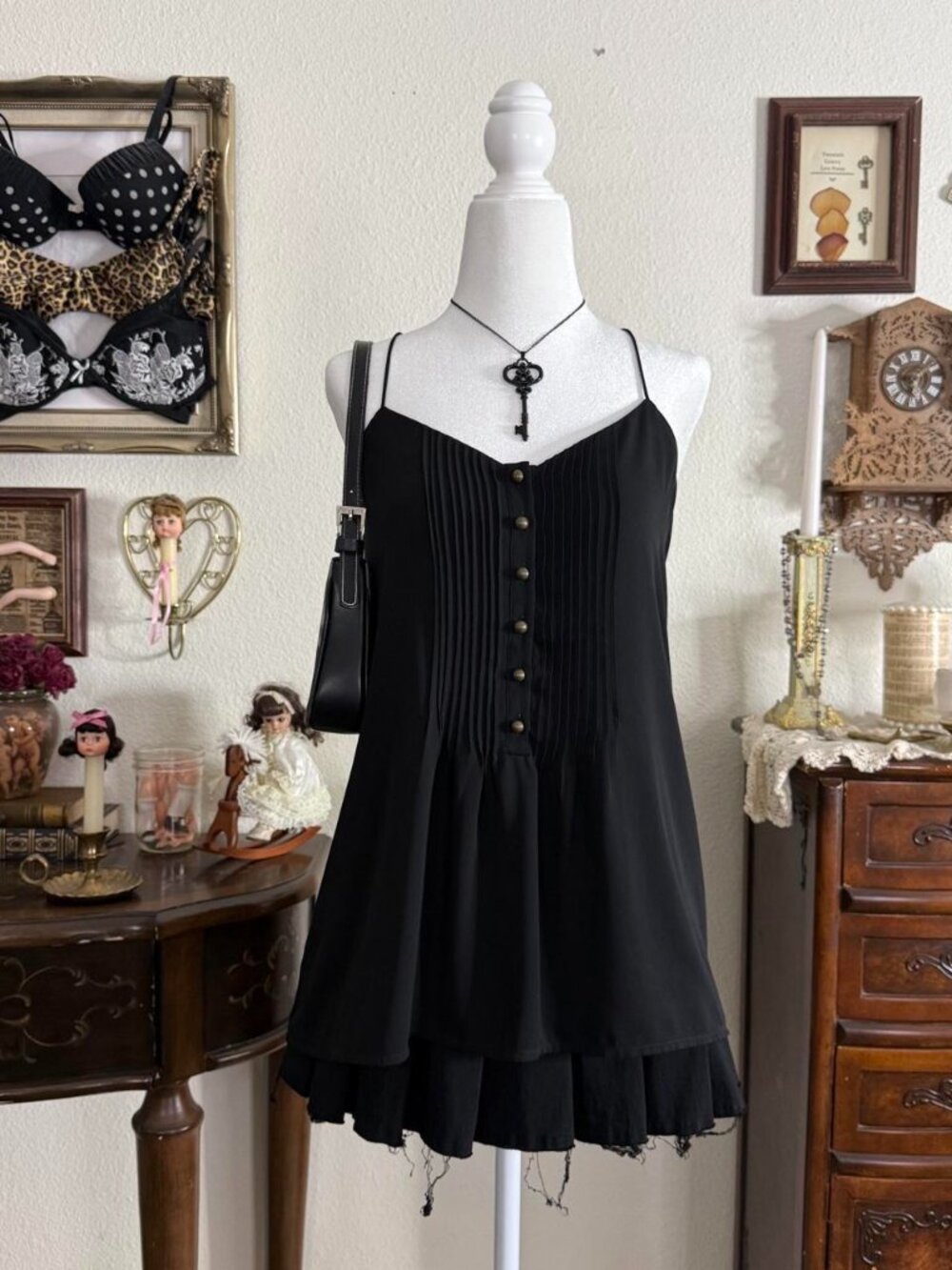 Girly goth fairy grunge black pleated flowy cami w bronze buttons